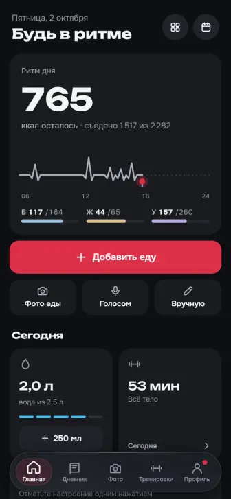 Главная: сколько калорий осталось и что ещё сделать сегодня